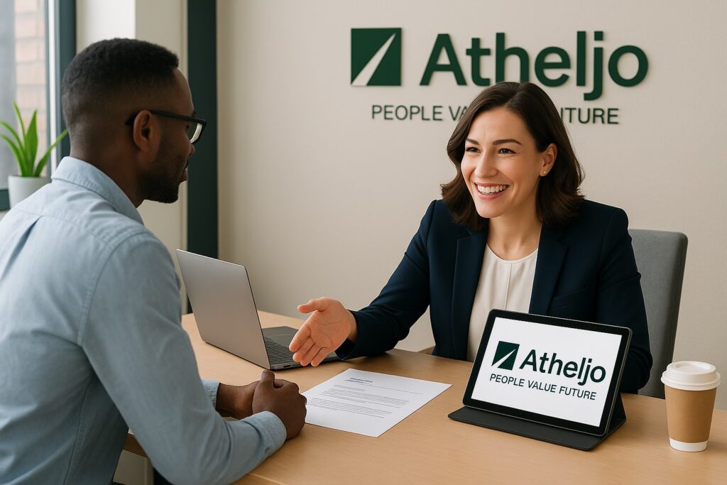 Recruiter donna sorride e interagisce con un candidato in un moderno ufficio di selezione Atheljo, con logo aziendale visibile su parete e tablet, simbolo di un processo HR digitale e personalizzato.